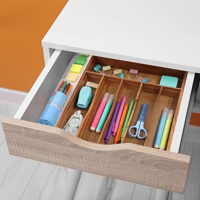 Oridom Kitchen Acacia Silverware Organizer - Extra Deep Grooved Drawer Divider, 7 Slot Utensil Organizer