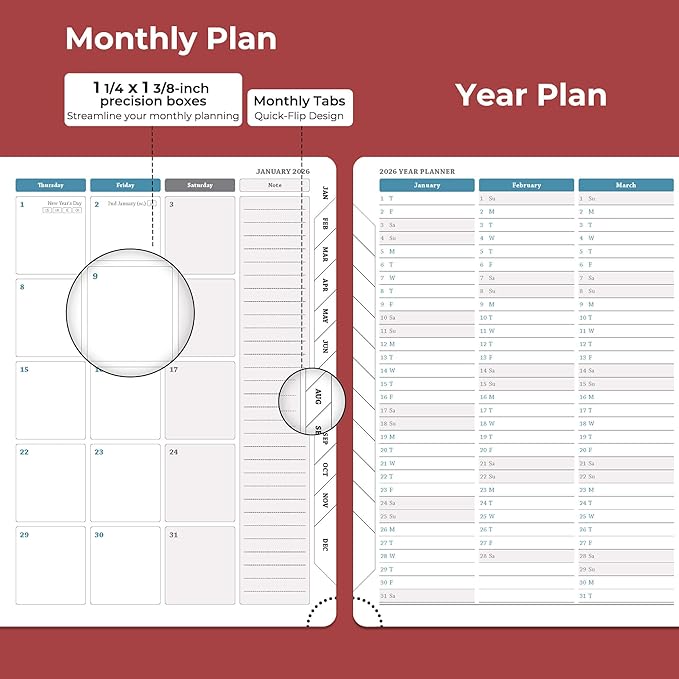 IN-LUXPRO Planner 2026 Daily Weekly and Monthly,11.5"x8.5",12 Months Spiral Bound Calendar Agenda with Self-adhesive Pen Holder,2026 Appointment Book with Vegan Leather Soft Cover,Red