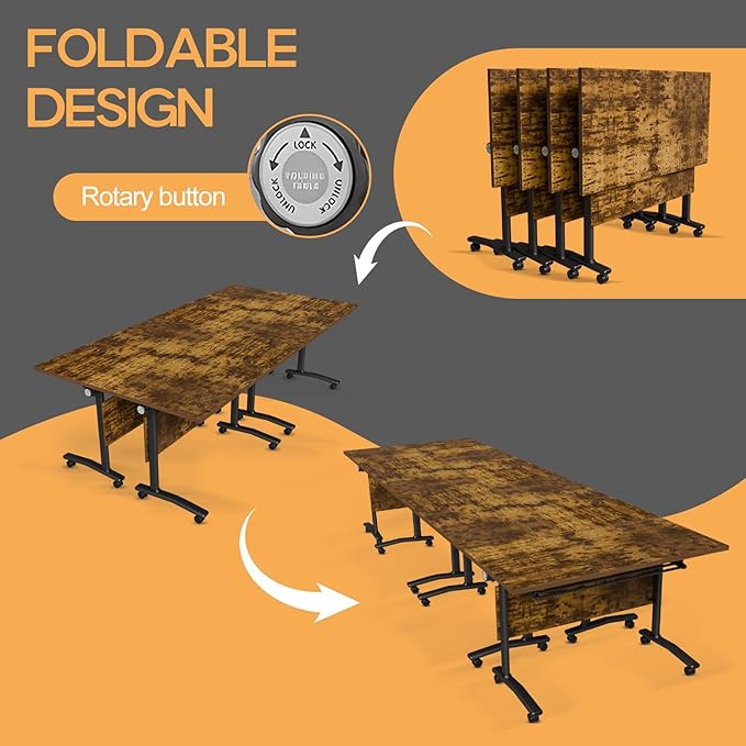 Folding Conference Table 4ft 5ft, Foldable Office Meeting Desk for 6 People, Multiple Sizes Colors Mobile Conference Room Table for Training Room School Business Furniture (6, Brown, 63in)
