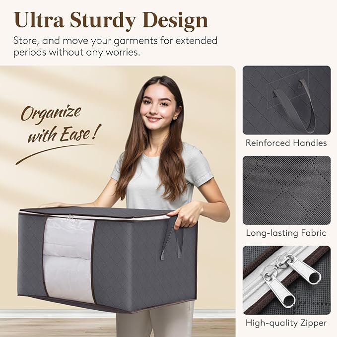 Lifewit Large Capacity Clothes Storage Bag Organizer with Reinforced Handle Thick Fabric for Comforters, Blankets, Bedding, Foldable with Sturdy Zipper, Clear Window, 15 Pack, 90L, Grey