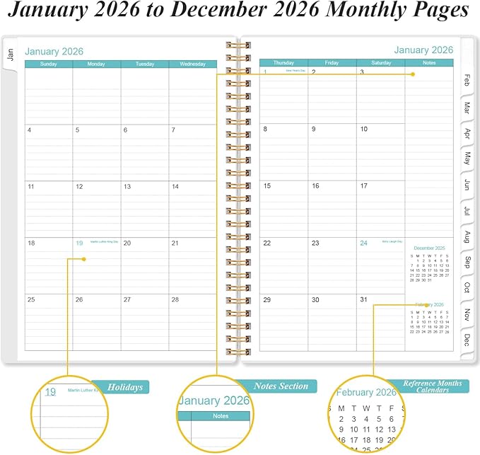 2026 Planner - Planner 2026 from January 2026 - December 2026, Weekly & Monthly Planner Spiral Bound with 12 Monthly Tabs, Inner Pocket, 6.4" x 8.5", Blue Watercolor