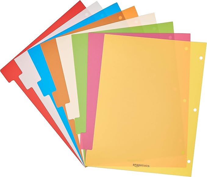 Amazon Basics Durable Multicolor 3-Ring Binder Plastic Divider Set with Tab Labels, 3-Hole Punched, for School and Organization, Letter Size 8-Tab Dividers, Assorted Colors, 6 Pack