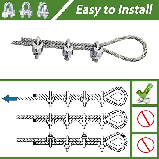 100PCS 3/8" M10 Zinc-Plated Wire Rope Clamps – Heavy Duty U-Bolt Cable Clips (Silver)