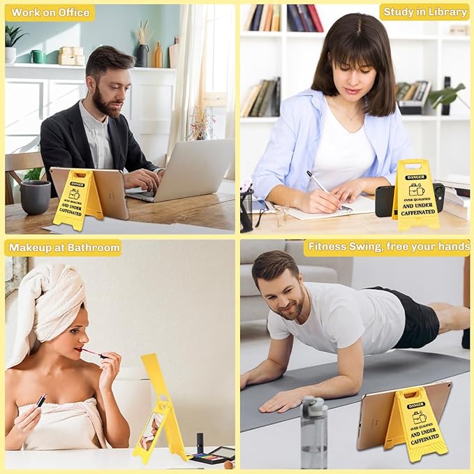 Funny Office Desk Accessories,Office Cubicle Decor, Caution Desk Decor,Phone Holder Mirror Acrylic Table Signs，Sarcastic Quote Novelty Gift for Coworkers Graduates Coffee Lovers HR (Over Qualified)