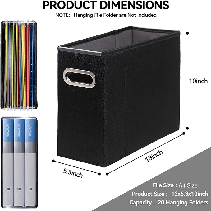ComfortKeeper 6 Packs Letter Size File Organizer, File Folders Organizer, Fabric Storage Box, Collapsible Paper Organizer with Metal Handle, Smooth PVC Rails, Only Box (Black)