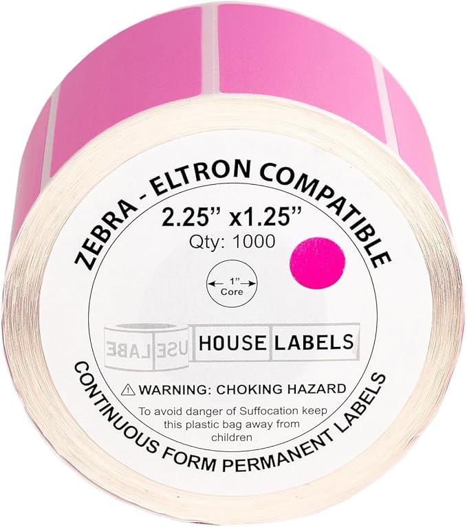 HOUSELABELS 2.25" x 1.25" Pink Address Labels on 1" Core Compatible with Zebra and Rollo Printers, 10 Rolls / 1,000 Labels per Roll