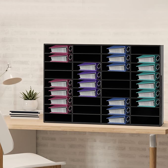 Literature Organizer with 36 Compartments | Adjustable Desktop File Sorter Mail Center for Home, Office & Classroom | PVC Paper Storage Cabinet with Shelves, Black