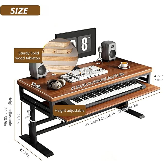 GRIPITHPY Modern Music Studio Desk Workstation with Keyboard Tray,Height Adjustable Standing Desks Table,Recording Studio Desk with Metal Legs,Wood Computer Desk for Home Office Studio