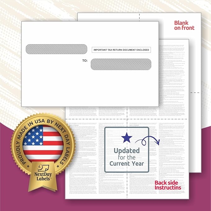 NextDayLabels - W-2 4-Up Employee Tax Forms, Instructions on Back" for 2025, for Laser/Inkjet Printer. Compatible with QuickBooks and Accounting Software ETC. (Pack of 100 Sheets & Envelopes)