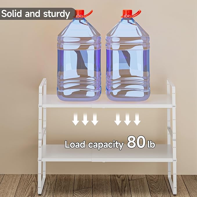 jkxoo 2Pack 16.5-27’’L Expandable Kitchen Shelf Organizer, Stackable Shelves Organizer, Adjustable Height Pantry Spice Rack for Cabinet, Countertop, Pantry and Cupboard, White