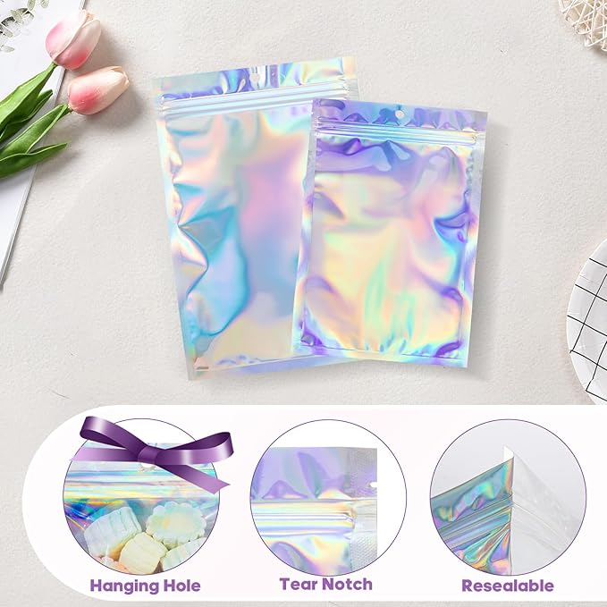 100Pcs Holographic Resealable Bags, 4x6 inch Packaging Foil Pouch ，Motomy Mylar Food Storage Bag Great for Small Business and Party Favor……
