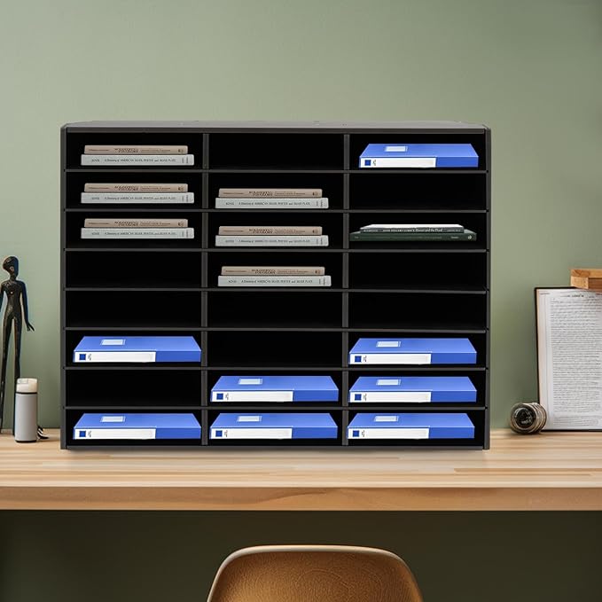 Literature Organizer with 24 Compartments | Adjustable Desktop File Sorter Mail Center for Home, Office & Classroom | PVC Paper Storage Cabinet with Shelves (Black, 24 Compartments)
