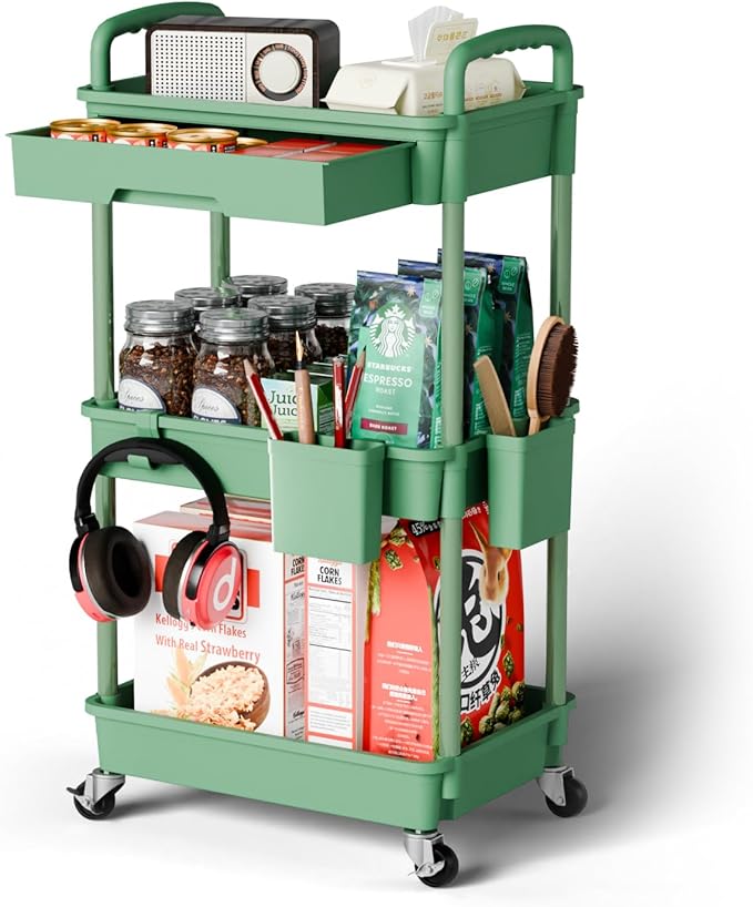 Sorgion 3 Tier Rolling Cart Organizer,Laundry Room Bathroom Organizers and Storage Office Shelves Mobile Shelving Unit Kitchen Trolley Cart with Wheels for Art,Craft,Diaper,Bedside,Snack(Green)