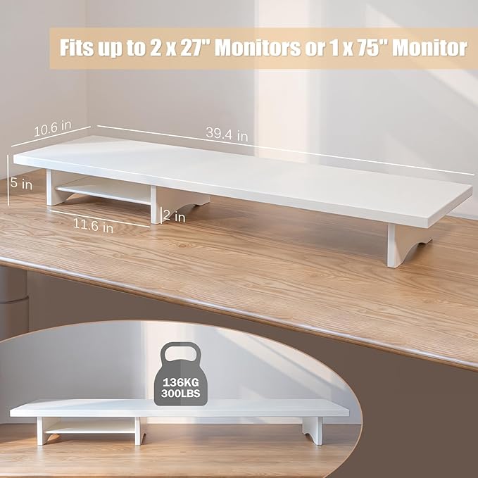 ROCDEER Bamboo Dual Monitor Stand Riser White, 2-Tier Desk Monitor Riser for 2 Monitors, Supports for PC Computer Monitor, Printer, Heavy TV Riser up to 300 lbs, White