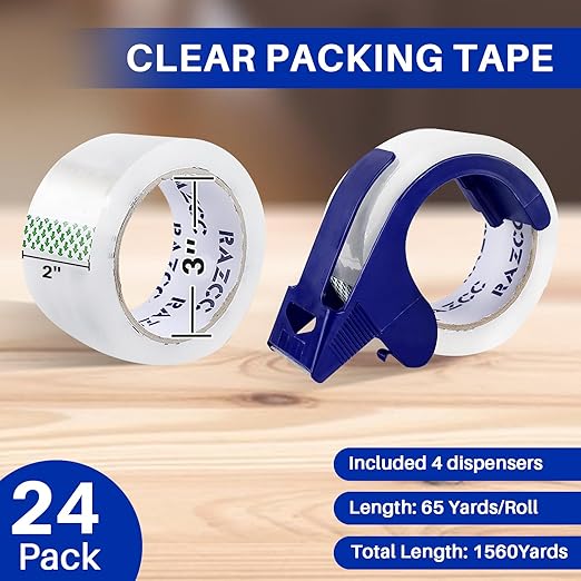 RAZCC Clear Packing Tape, 24 Rolls Heavy Duty Packaging Tape with Dispensers for Packing Shipping Moving and Sealing, Thicker Packing Tape-2" x 65 Yards Per Roll, 1560 Total Yards