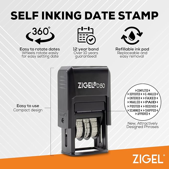 ZIGEL D50 Date Stamp with Paid - Self Inking Date Stamp - Red