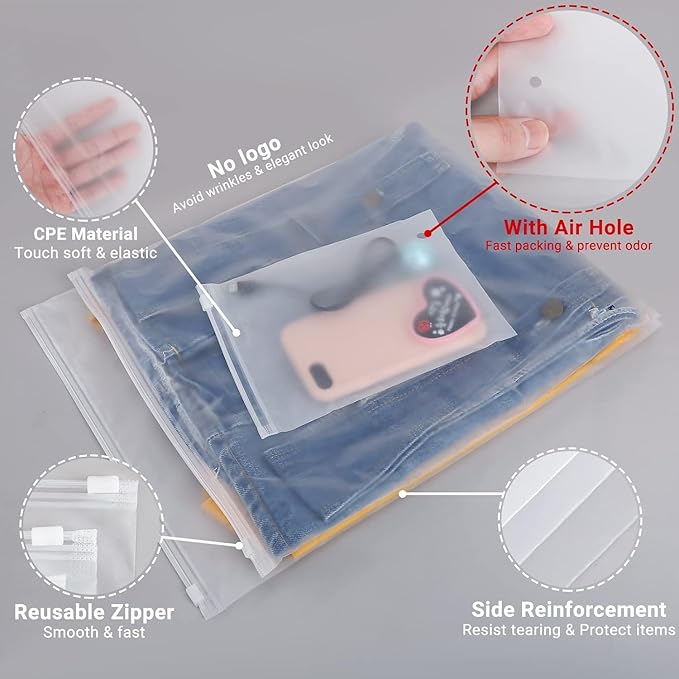 Svaldo 200PCS 9x12 inch Frosted Zipper Packaging Bags for Clothing, Reusable Poly Plastic Apparel Merchandise Zip Bags with Reinforced Sides and Vent Hole, 3 Mil Thick