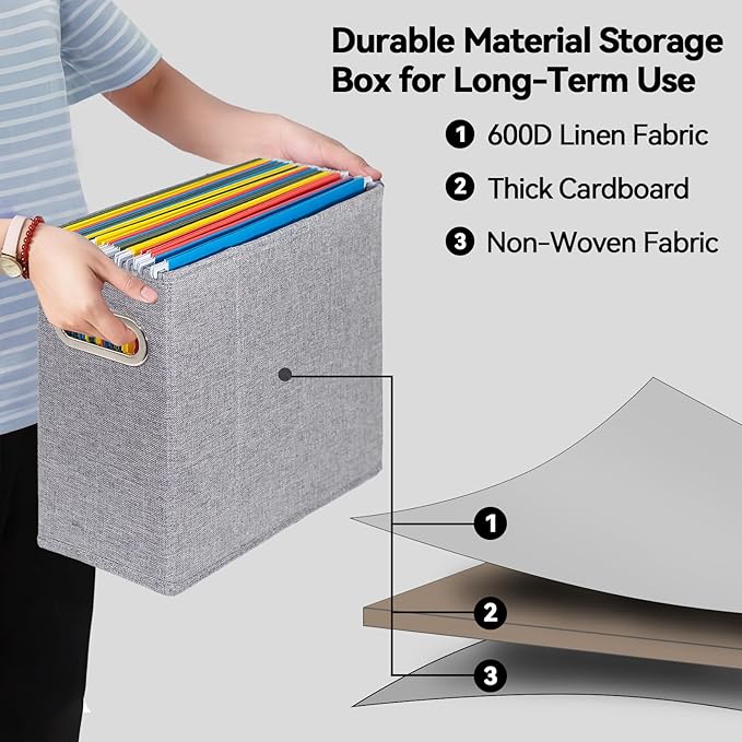 ComfortKeeper 6 Packs Letter Size File Organizer, File Folders Organizer, Fabric Storage Box, Collapsible Paper Organizer with Metal Handle, Smooth PVC Rails, Only Box (Gray)