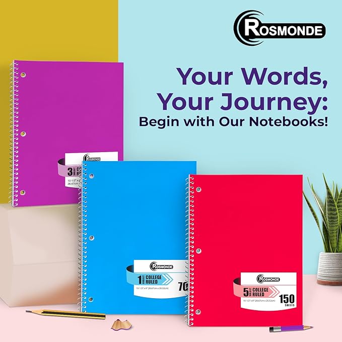 Rosmonde Spiral Notebook, 12 Pack, 1 Subject, College Ruled, 70 Sheets, 8 x 10-1/2", 3 Hole Punched, Bulk College Ruled Notebooks for School, Single Subject Spiral Notebook Bulk, Assorted Colors