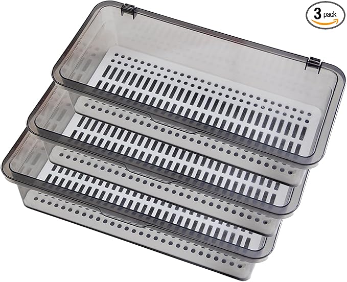AHGUEP Silverware Organizer with Lid and Drainer - Plastic Kitchen Drawer Organizer for Forks Spoons Knives, Stackable Utensil Storage Container, Space-Saving Cutlery Tray (10.6 x 4.7 x 2.8 inch) (3)