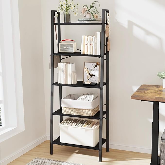 Hzuaneri Ladder Shelf, Bookshelf Bookcase, Freestanding Corner Storage Shelve with 2 Hooks for Home Office, Living Room, Kitchen, Bedroom, Industrial, 11.8" D x 23.6" W x 63" H, Black BC19304B