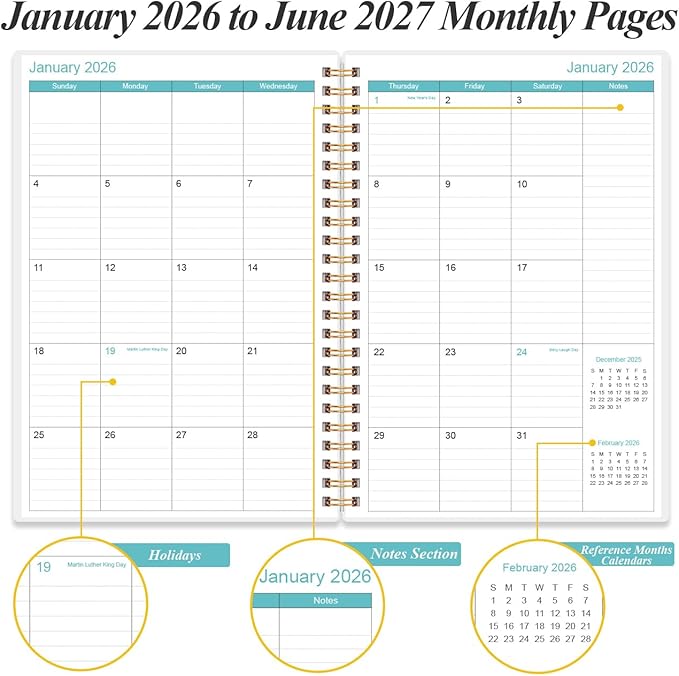 2026-2027 Planner - 18 Months Weekly & Monthly Planner from January 2026 - June 2027, Spiral Notebook 2026-2027 with Elastic Closure, Inner Pocket, Medium 5.8" x 8.3", Flower-C