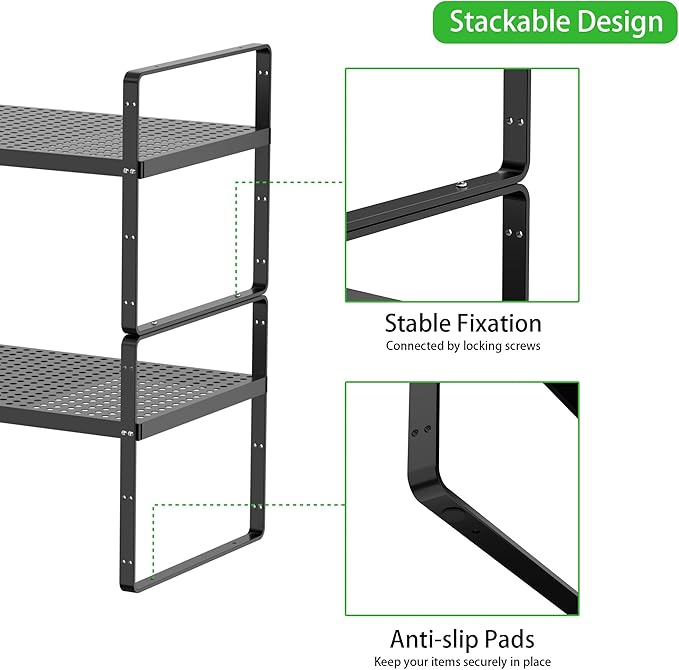 SOFRON Expandable Cabinet Storage Shelf Stackable Organizer Rack for Kitchen Bathroom Pantry Spice Cupboard Coffee Countertop Home Office Desk Heavy Duty Nonslip Black Small 2 Packs