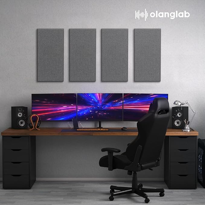 Olanglab Fiberglass Acoustic Wall Panels 4 Pack, 11.8'' x 23.6'' Sound Panels, Fabric Wrapped Sound Proof Panels for Walls (Dark Grey)