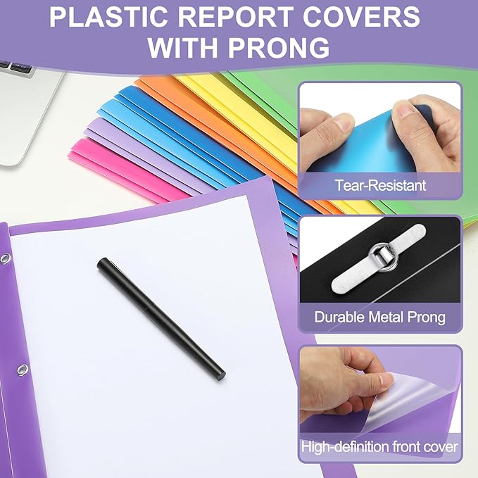 PATIKIL Plastic Report Covers with Prong, 10 Pcs 80 Sheet Clear Front Presentation Binders with 3 Metal Prong Fasteners Report Folder for Resume Documents Files Letter, Purple
