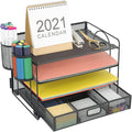 Marbrasse Desk Organizer and Accessories4-Tier Paper File Letter Tray Accessories & Workspace Desk Organizers with Drawer and 2 Pen Holders for School Home Office Supplies (Black)