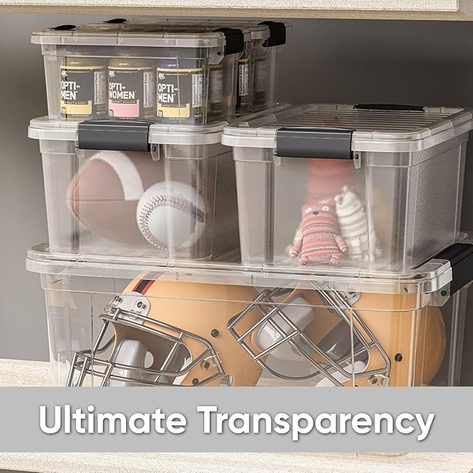 Superio Clear Storage Boxes with Lids, 1.27 Quart Plastic Container Bins for Organizing, Stackable Crates, BPA Free, Non Toxic, Odor Free, Organizers for Home, Office and Dorm, 4 Pack