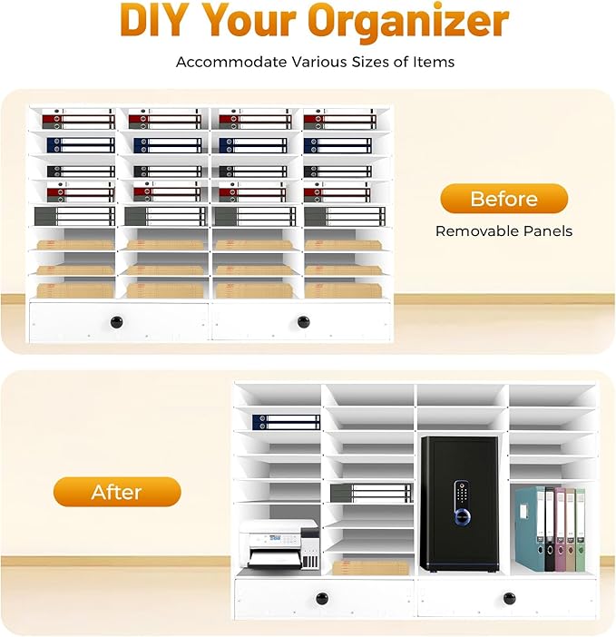 Fifizoo Literature Organizer with 32 Compartments | Adjustable Desktop File Sorter Mail Center for Home, Office & Classroom | PVC Paper Storage Cabinet with 2 Drawers and Shelves, White
