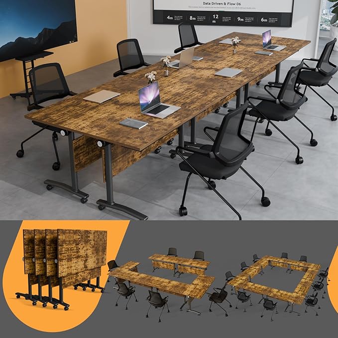 Folding Conference Table 4ft 5ft, Foldable Office Meeting Desk for 6 People, Multiple Sizes Colors Mobile Conference Room Table for Training Room School Business Furniture (6, Brown, 55in)