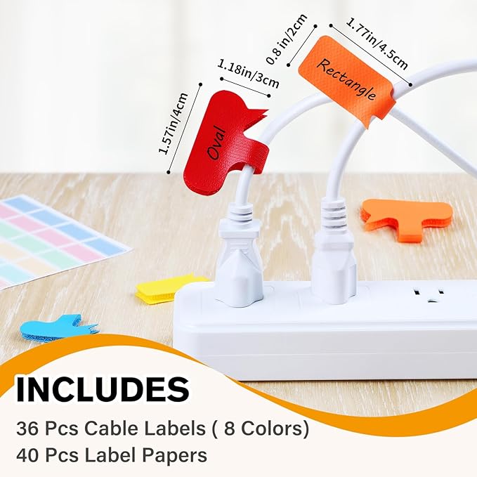 SummerBrite 36-Pack Large Cable Labels with 40 Write-On Stickers, Reusable 8-Color Wire Tags for Electronics, Cord ID & Cable Management for Home Office, PC Network - Rectangle