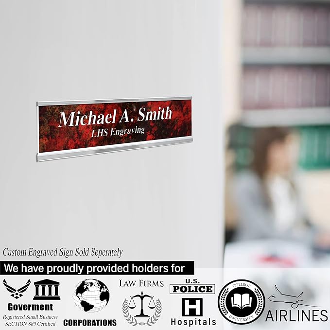 Personalized Name Plate with Choice of Mounting for Walls, Doors, Desk Holders, Cubicles, Hanging and More - Custom Red Plastic Black Letters - USA Made 2x8 - B14