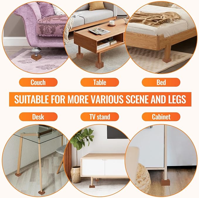 Furniture Risers, 4 Pack Bed Risers with Non-Slip Grip and Heavy Duty Support, 1 Inch 2 Inch 3 Inch 4 Inch Height Lift for Couch, Sofa, Table, Desk, Chair, Refrigerator - Brown, 1+1+1 Inch