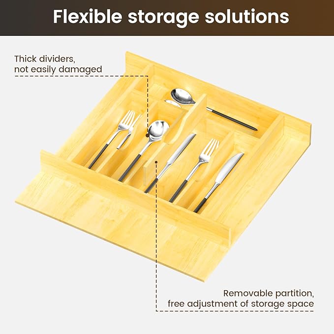 Evjocoh Silverware Drawer Organizer Wood with Adjustable Partition for Kitchen Utensil Cutlery Flatware Cabinet Storage Compartment Tray Insert with Dividers (19.2" W x 19.5" D x 2.5" H)