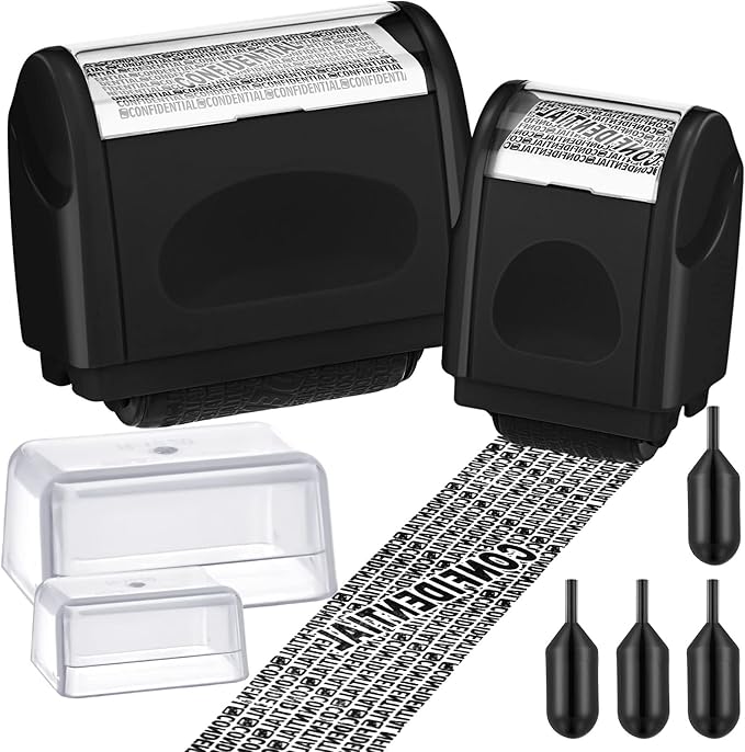 Nezyo 2 Pack Identity Protection Roller Stamp Identity Theft, Confidential, Privacy Roller Stamp Information Blocker and 4 Pack Refill Ink for ID Account Data Address Security(Black)