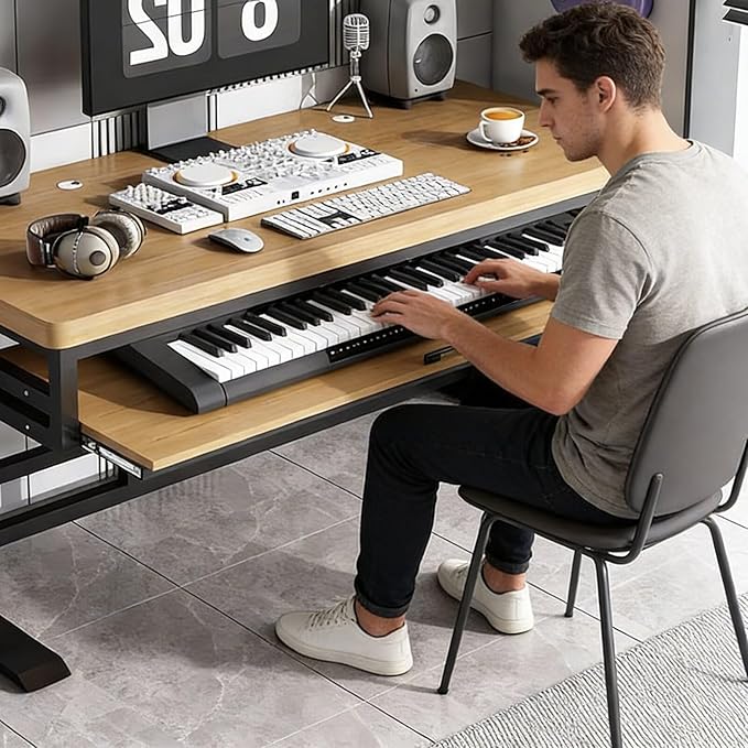 GRIPITHPY Modern Music Studio Desk Workstation with Keyboard Tray,Height Adjustable Standing Desks Table,Recording Studio Desk with Metal Legs,Wood Computer Desk for Home Office Studio