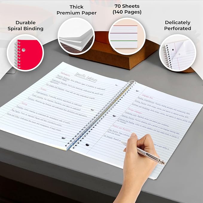 Rosmonde 1 Subject Notebook College Ruled, 6 Pack, 70 Sheets (140 Pages), 8 x 10-1/2", 3 Hole Punched Notebooks, Thick No-Bleed Paper, Sturdy Back, College Ruled Notebook for School, Assorted Colors