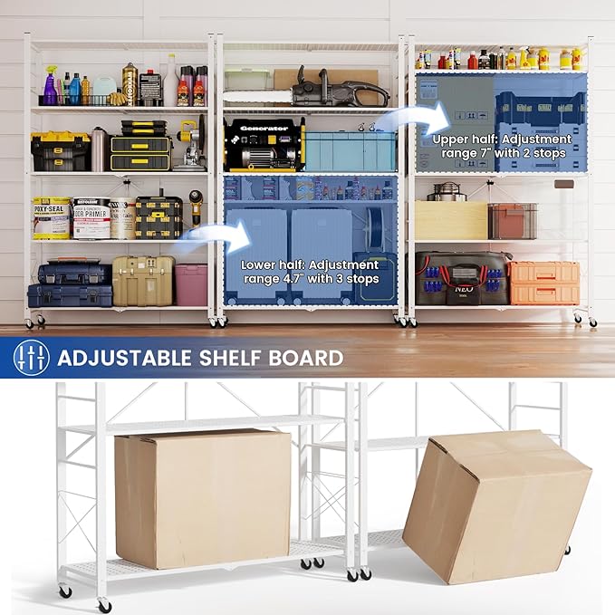 ALANNG 40" W Foldable 5-Tier Storage Shelves with Wheels, Adjustable & Removable Metal Rack, Heavy Duty Rolling Organizer for Kitchen, Garage, Closet, Pantry, and Office (White,3 Pack)