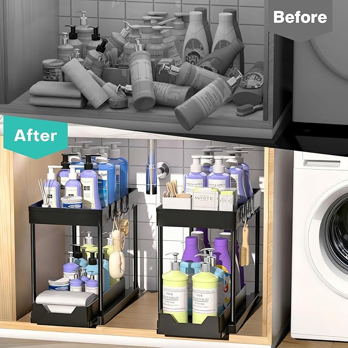 APWNRJA Under Sink Organizers 2 Pack, Pull-Out Sliding Cabinet Organizer with 2-Tier Storage Shelf & 4 Hooks, Multi-Purpose for Kitchen & Bathroom (13 Inch, Black)