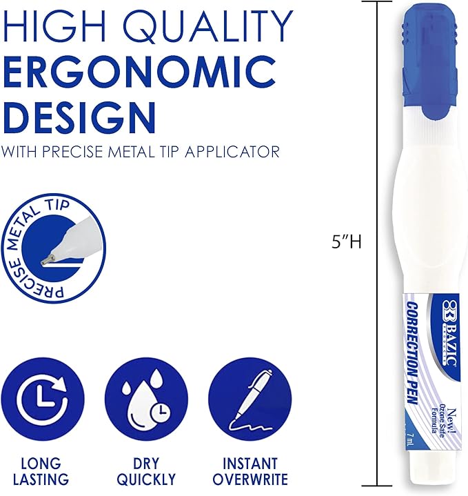 BAZIC Products Correction Pen - Corrections Fluid, Precise Metal Tip White Out, Ideal for School & Office Supplies, Alternative to Correction Solution, 2/Pack, 1-Pack