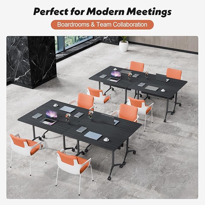 Goakwwuz Conference Room Table, Folding Conference Tables,Thicken Grey Tabletop,Flip Top Wooden Seminar Meeting Room Table for Conference Room Offices (4, BlackWoodGrain, 55.1”)