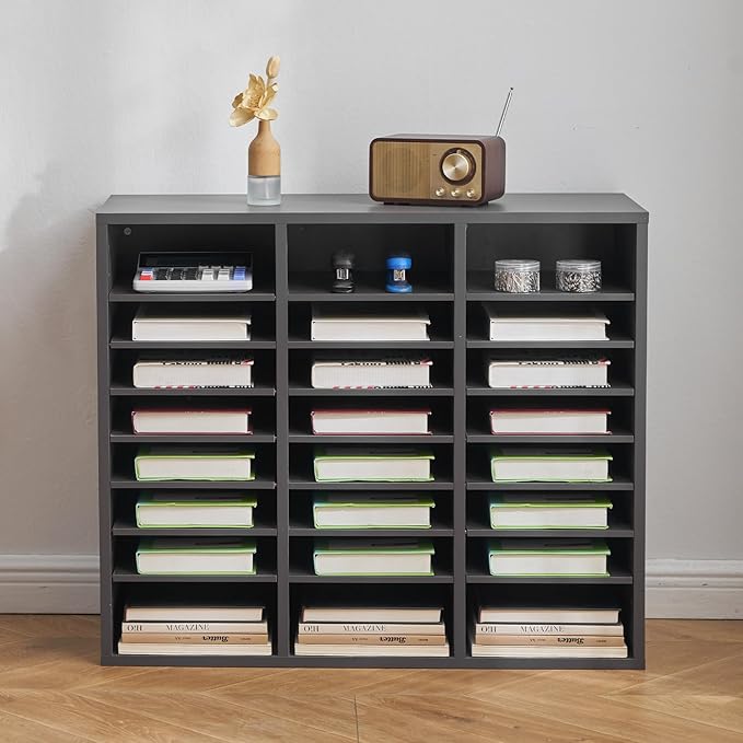 VEVOR Literature Organizer, 24 Compartments Office Mailbox with Adjustable Shelves, Wooden Mailbox Sorter Medium Density Fiberboard Office Home Classroom Storage for Files, Documents, Papers, Grey