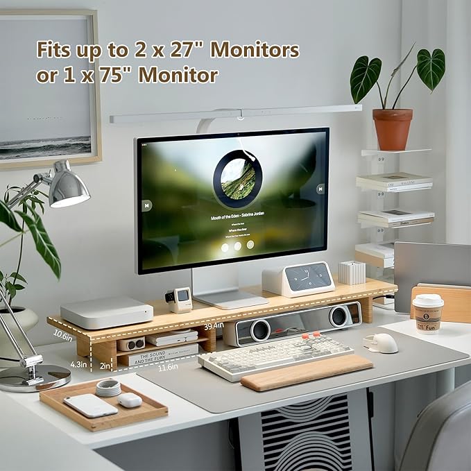 ROCDEER Bamboo Dual Monitor Stand Riser Natural, 2-Tier Desk Monitor Riser for 2 Monitors, Supports for PC Computer Monitor, Printer, Heavy TV Riser up to 300 lbs