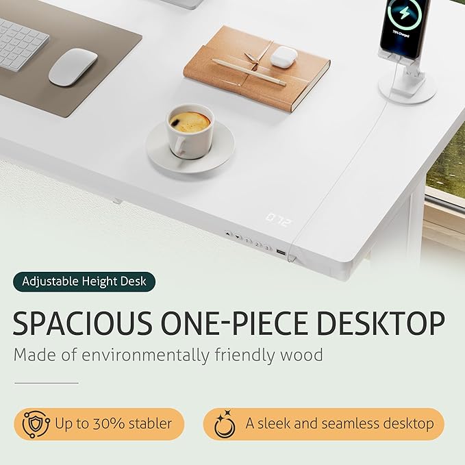 Furmax Adjustable Height Electric Standing Desk with Drawers, 48 Inch Sit Stand Desk with One-Piece Thickened Desktop & USB Charging Port for Home Office Computer Desks (White Desktop, 48 Inch)