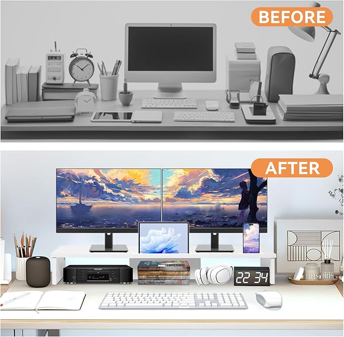 Qupui TV Riser Stand with LED Lights, 42.5in Super Large Monitor Stand with Phone Tablet Holder, Tabletop TV Stand Riser for Desk, Desktop Organizer for Computer, TV, Laptop, Printer