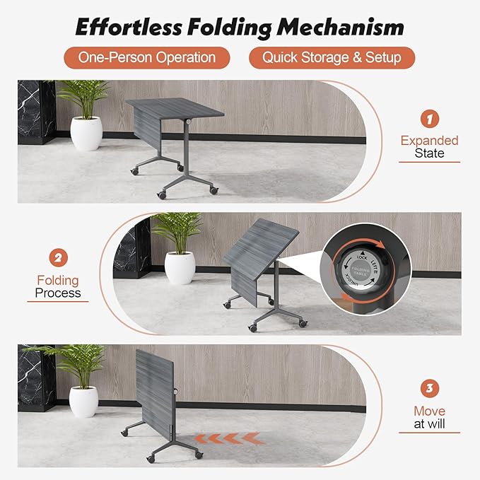Goakwwuz Conference Room Table, Folding Conference Tables,Thicken Grey Tabletop,Flip Top Wooden Seminar Meeting Room Table for Conference Room Offices (8, BlackWoodGrain, 47.2“)