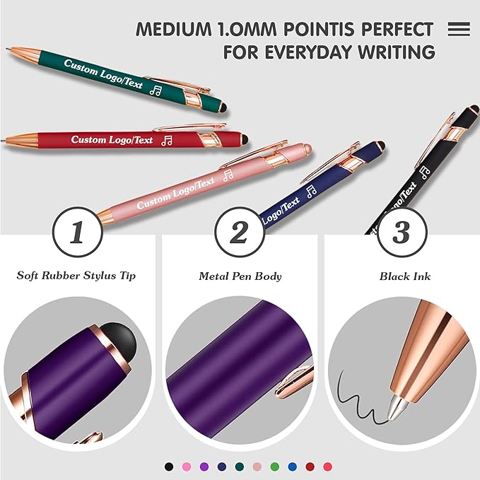 CRME Custom Pens Personalized Pen with Name/Text Engraved Metallic Barrel Black Ink Click Pens Grip Retractable Ballpoint Pen Ideal for School Teachers Journaling Office Writing-Bulk Pack Dark Blue